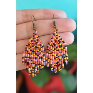 Handmade beaded earrings, yellow, black, red, pink